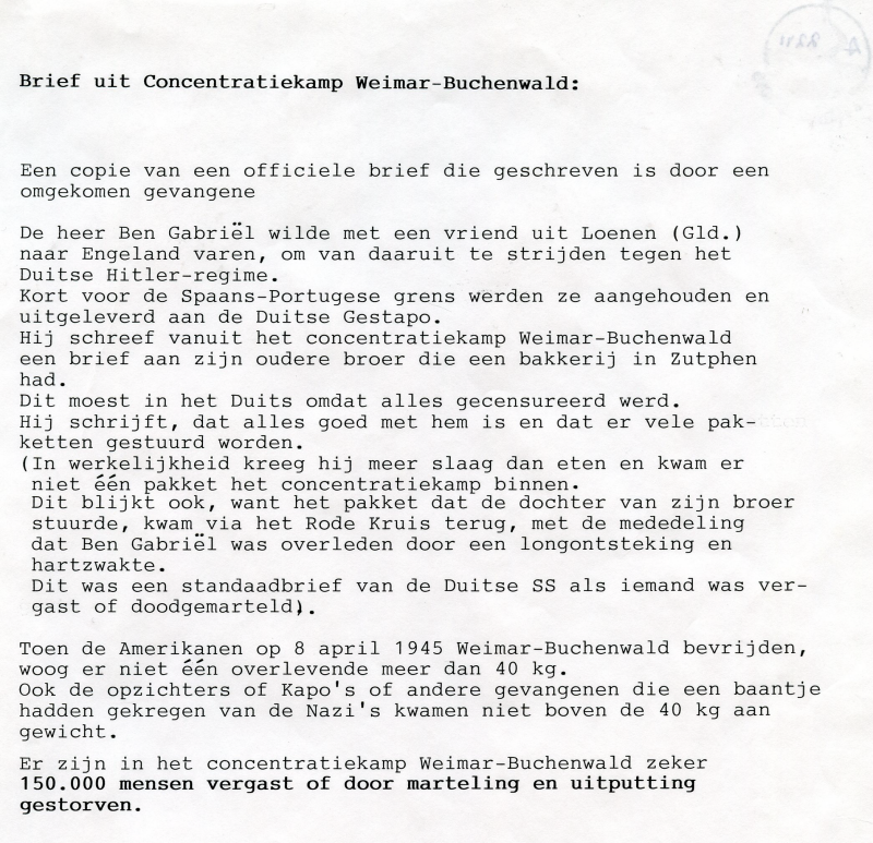 Bekijk detail van "Brief geschreven in het concentratiekamp Weimar-Buchenwald, 1940 - 1945"
