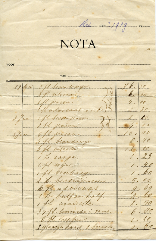Bekijk detail van "Nota zonder briefhoofd: lijst drankflessen met prijzen voor Café Ripperda Den Nul, 1939"