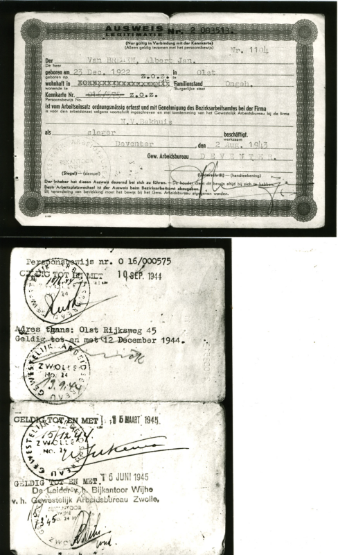 Bekijk detail van "Legitimatiebewijs/ausweis 1943 - 1945, Albert Jan van Bremen werknemer Olba"