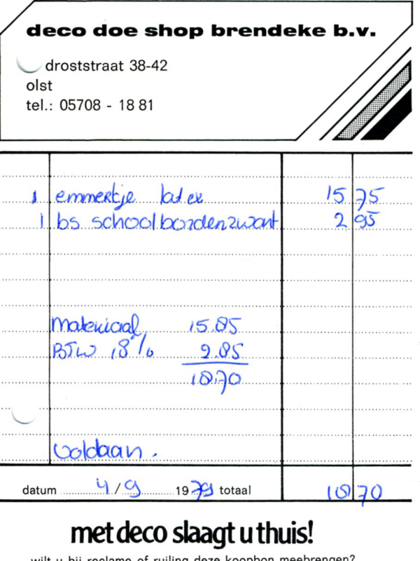 Bekijk detail van "Nota met briefhoofd: Deco doe shop Brendeke b.v., 1979"