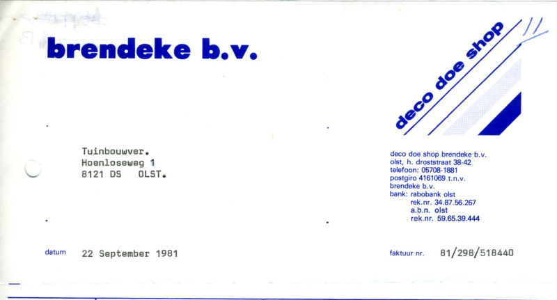 Bekijk detail van "Rekening met briefhoofd Brendeke B.V. Deco doe shop, 1981 - 1982"