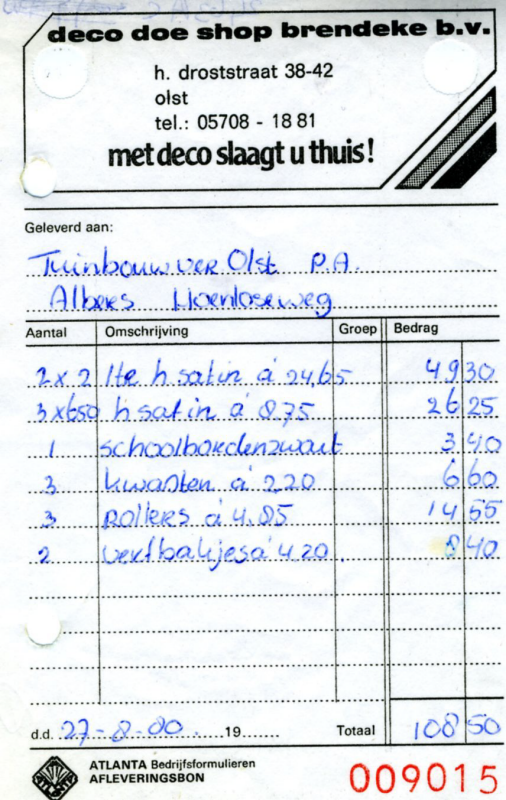 Bekijk detail van "Nota met briefhoofd: Deco doe shop Brendeke bv,  1980"