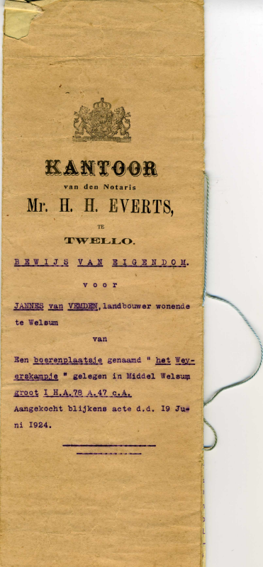 Bekijk detail van "Eigendomsbewijs: Het Weyerskampje van Jannes van Vemden, 1924"