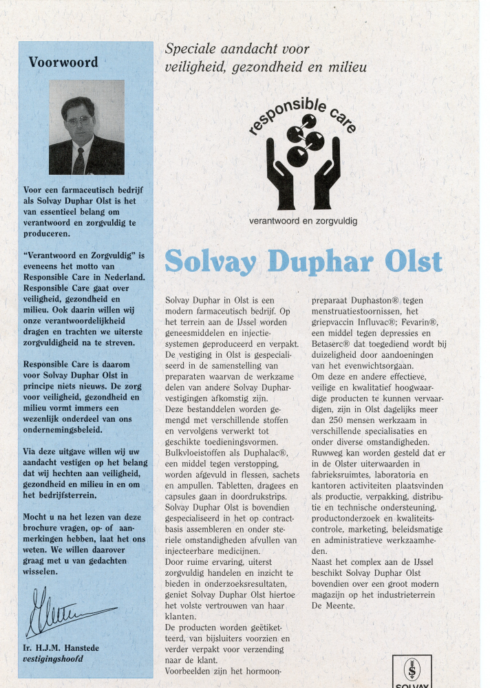 Bekijk detail van "<span class="highlight">Folder</span> Solvay Duphar, speciale aandacht voor veiligheid, gezondheid en milieu, 1997"