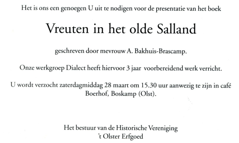 Bekijk detail van "<span class="highlight">Uitnodiging</span> Presentatie Vreuten in 't Olde Salland, 1998"