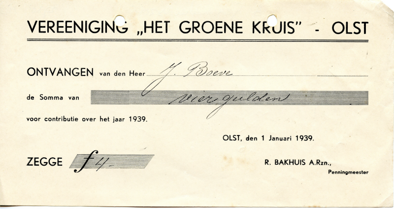 Bekijk detail van "Kwitantie contributie <span class="highlight">Het</span> <span class="highlight">Groene</span> <span class="highlight">Kruis</span> Olst, 1939"