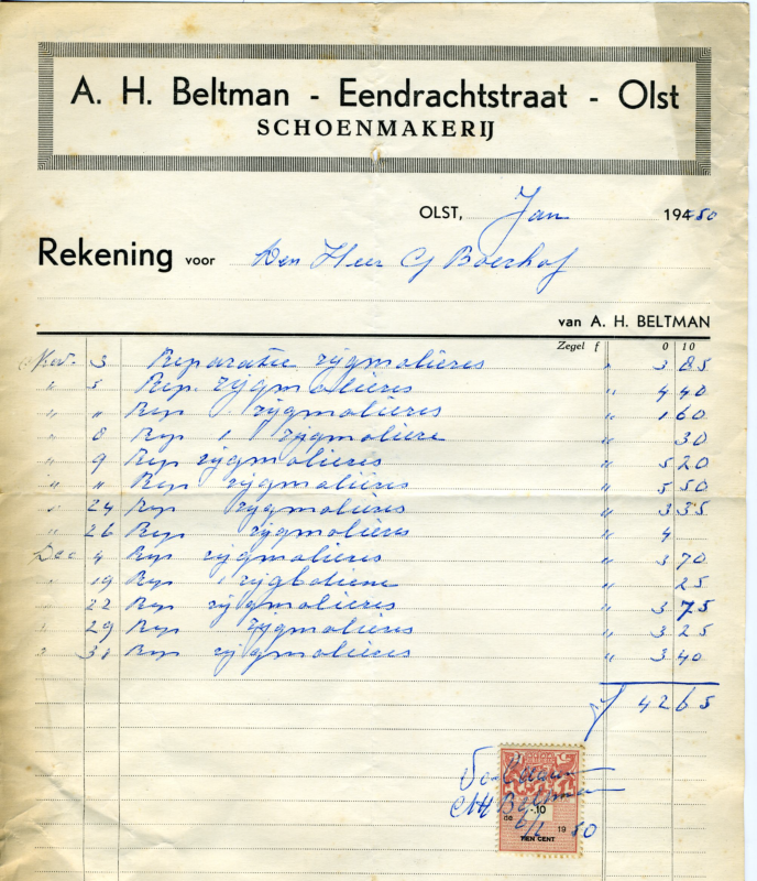 Bekijk detail van "Rekening met briefhoofd: A.H. Beltman - Eendrachtstraat - Olst, 1948 - 1949"