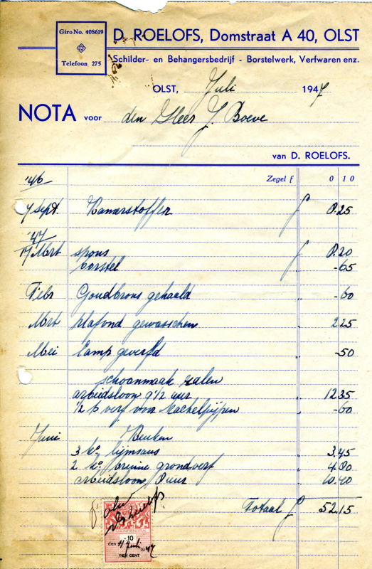 Bekijk detail van "Nota met briefhoofd: D. Roelofs, Domstraat A40, Olst, 1947"