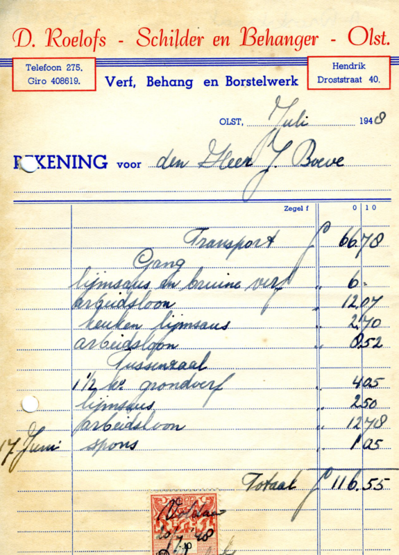 Bekijk detail van "Rekening met briefhoofd: D. Roelofs - <span class="highlight">Schilder</span> en Behanger - Olst, 1948 - 1950"