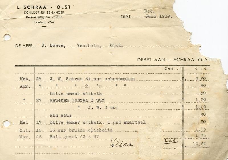 Bekijk detail van "Rekening met briefhoofd L.Schraa Olst, 1939"