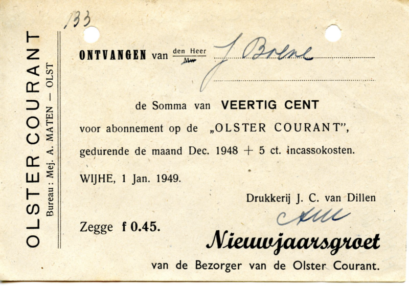 Bekijk detail van "Nota  Olster Courant met Nieuwjaarsgroet van de bezorger, 1948 /1949"