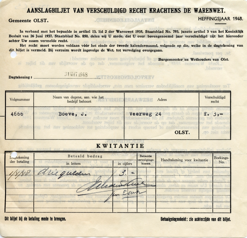 Bekijk detail van "Aanslagbiljetten warenwet voor dhr. J. Boeve Het Veerhuis, Heffingsjaren, 1940 - 1950"