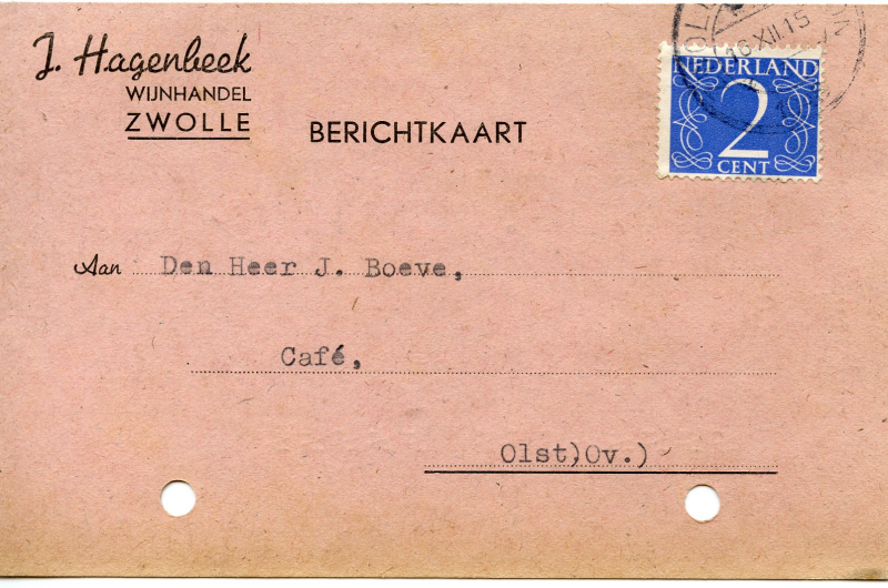 Bekijk detail van "Retourkaarten met postzegels drankleveranciers cafe Boeve, 1948 - 1950"