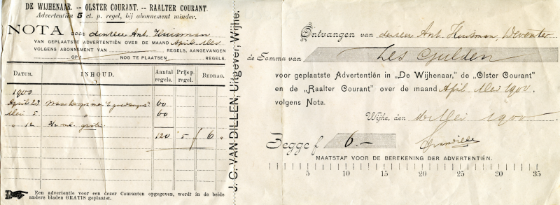 Bekijk detail van "Rekening voor plaatsen van advertentie in o.a. de Olster Courant, 1900"