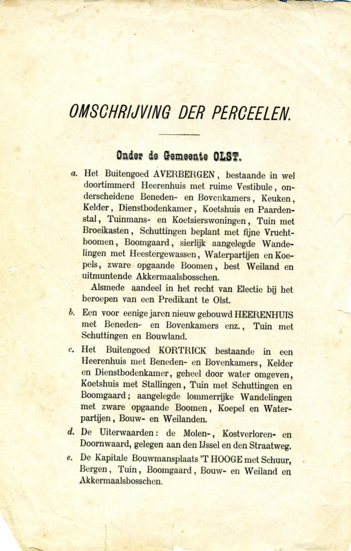 Bekijk detail van "Boekje veiling Averbergen, 't Kortrick, 't Hooge, huis aan 't spoor, diverse landerijen, 1888"