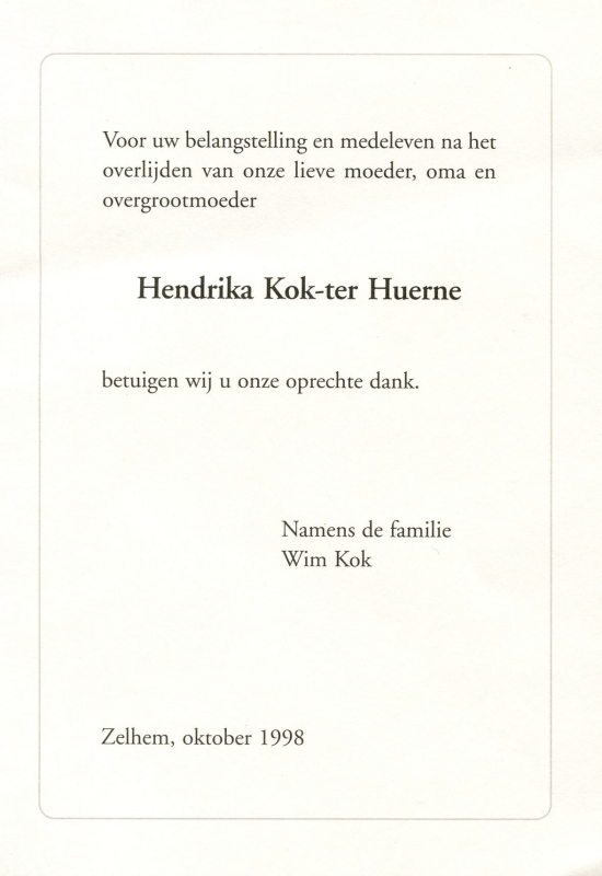 Bekijk detail van "Dankbetuiging overlijden Hendrika Kok-ter Huerne, 1998"
