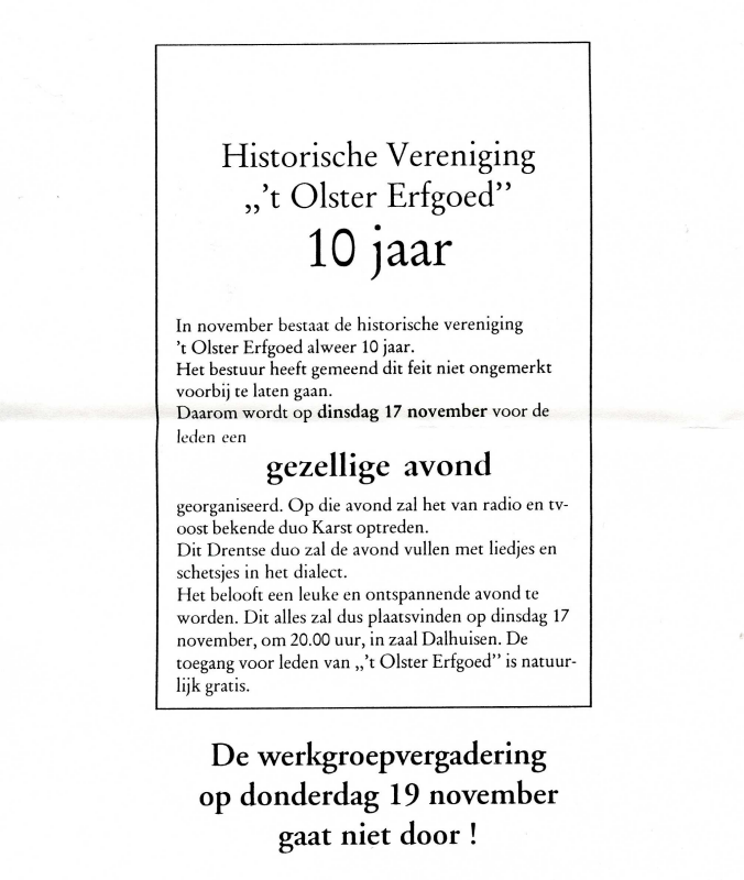 Bekijk detail van "Uitnodiging gezellige avond: Historische Vereniging 't Olster Erfgoed 10 jaar, 1998"