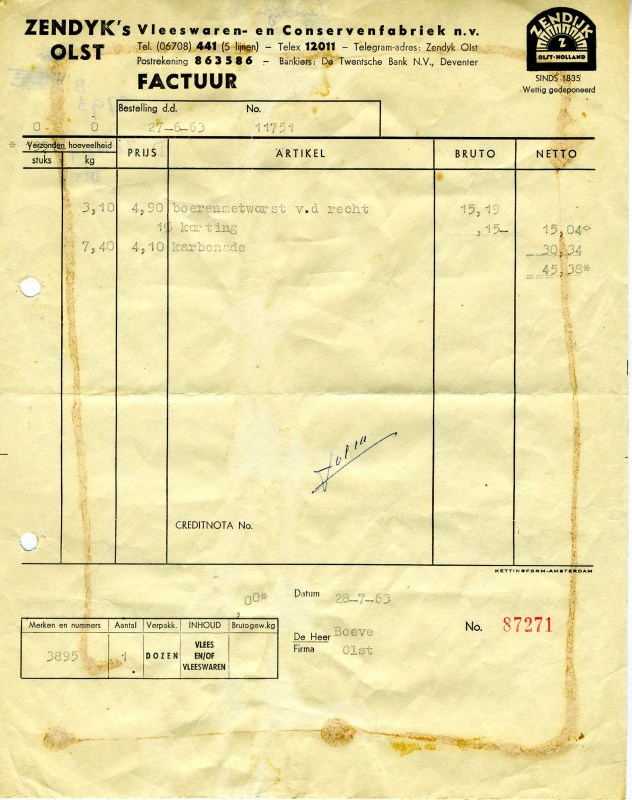 Bekijk detail van "Rekening met briefhoofd zendijk's vleeswaren en conservenfabriek, 1963"