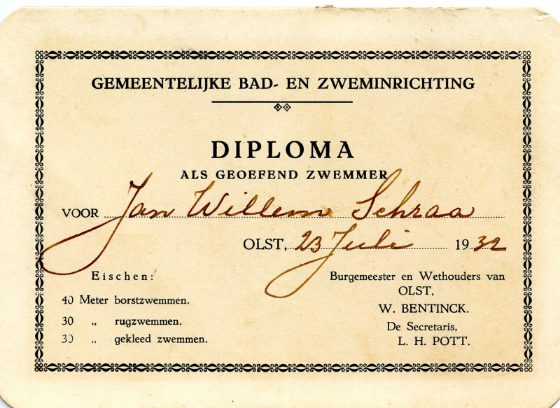 Bekijk detail van "Diploma als geoefend zwemmer voor Jan Willem Schraa, 1932"