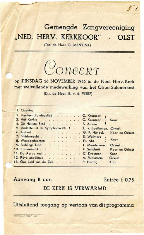 Bekijk detail van "Programma concert N.H. kerkkoor i.s.m. Olster Salonorkest, 1946"