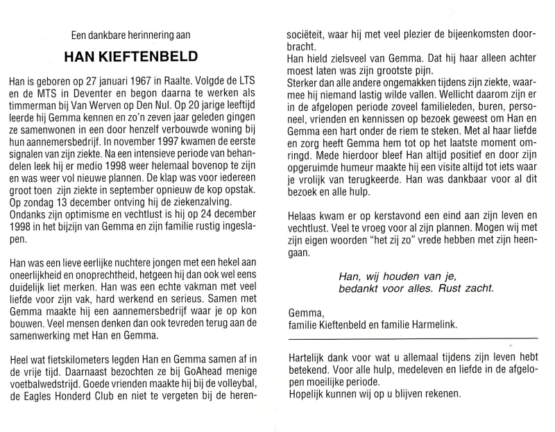 Bekijk detail van "Bidprent Han Kieftenbeld, 1998"