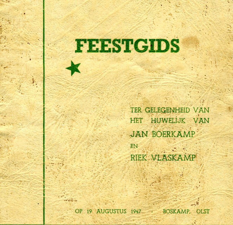 Bekijk detail van "Feestgids + menukaart t.g.v. het huwelijk van J. Boerkamp-Vlaskamp, 1947"