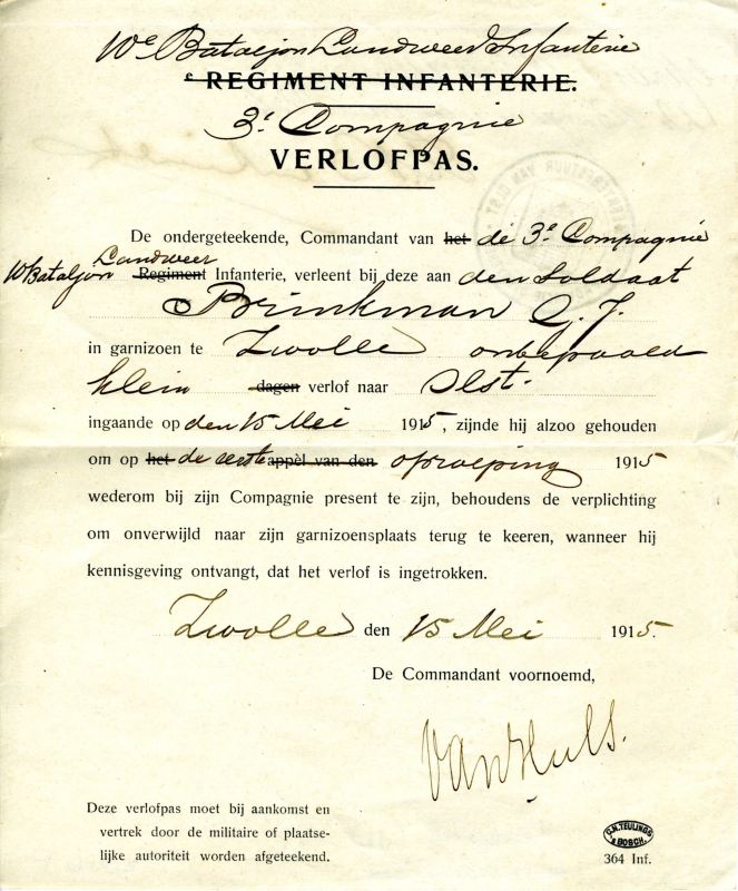 Bekijk detail van "Verlofpas soldaat G.J. Brinkman, 1915"