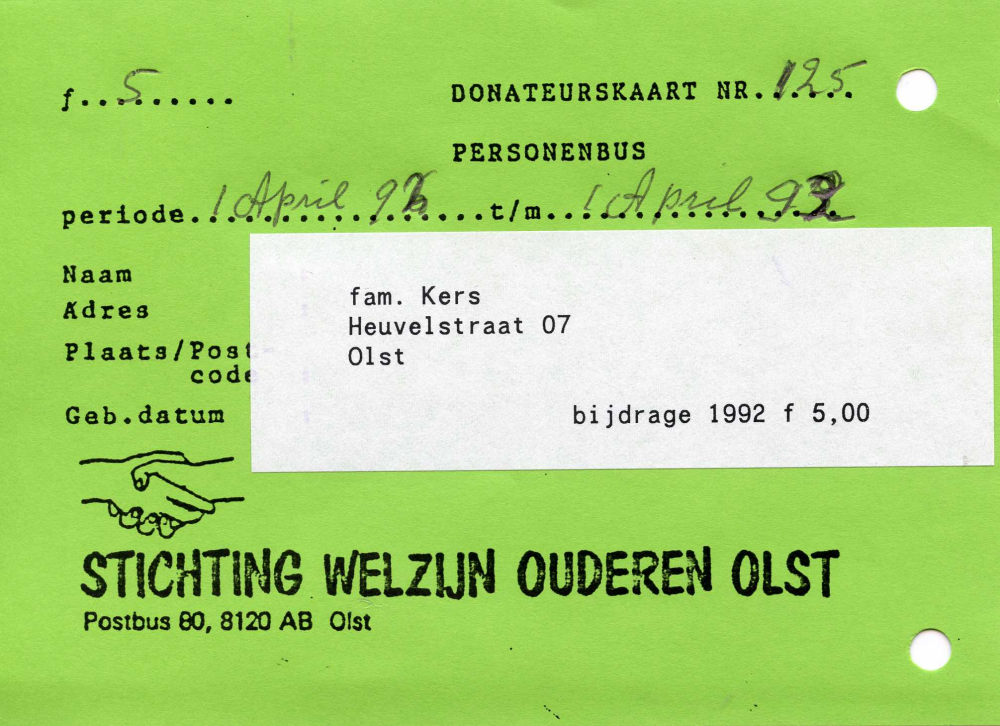 Bekijk detail van "Donatiekaart <span class="highlight">Stichting</span> Welzijn Ouderen, 1992 - 1993"