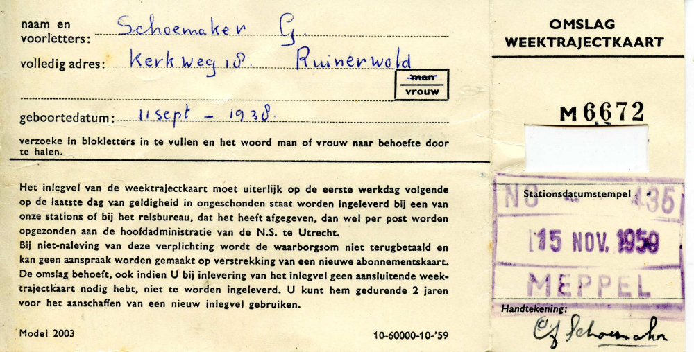Bekijk detail van "Weektrajectkaart Ned. Spoorwegen, 1959"