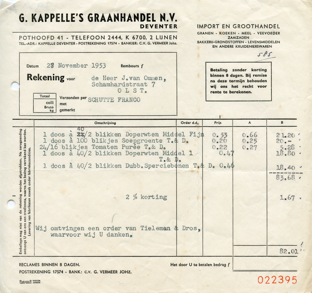 Bekijk detail van "Diverse rekeningen van leveranciers voor Groenten en Fruitwinkel van Ommen, 1953"