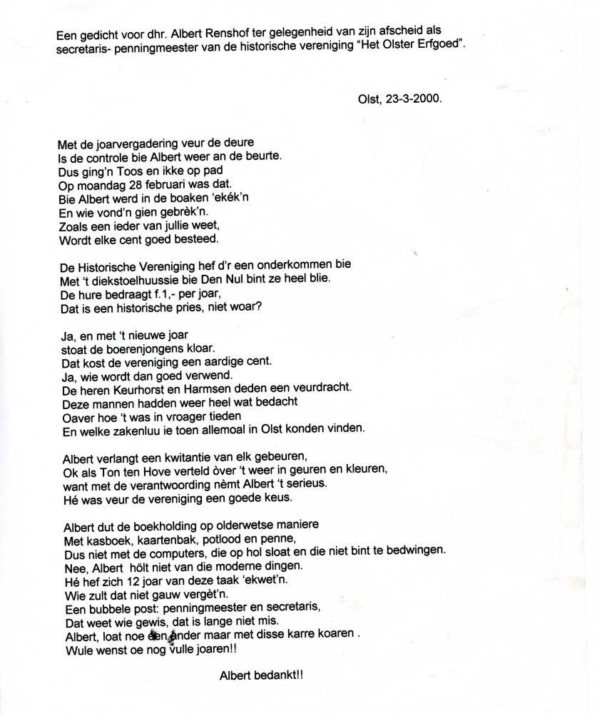 Bekijk detail van "<span class="highlight">Gedicht</span> voor Dhr. A. Renshof t.g.v.afscheid secretaris/penningmeester 't Olster Erfgoed, 2000"