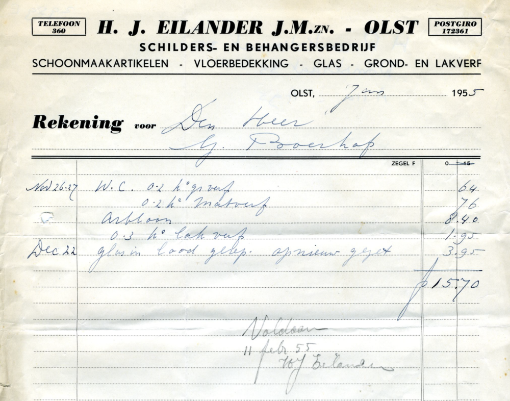 Bekijk detail van "Rekening met briefhoofd H.J. Eilander J.M.zn, 1955"