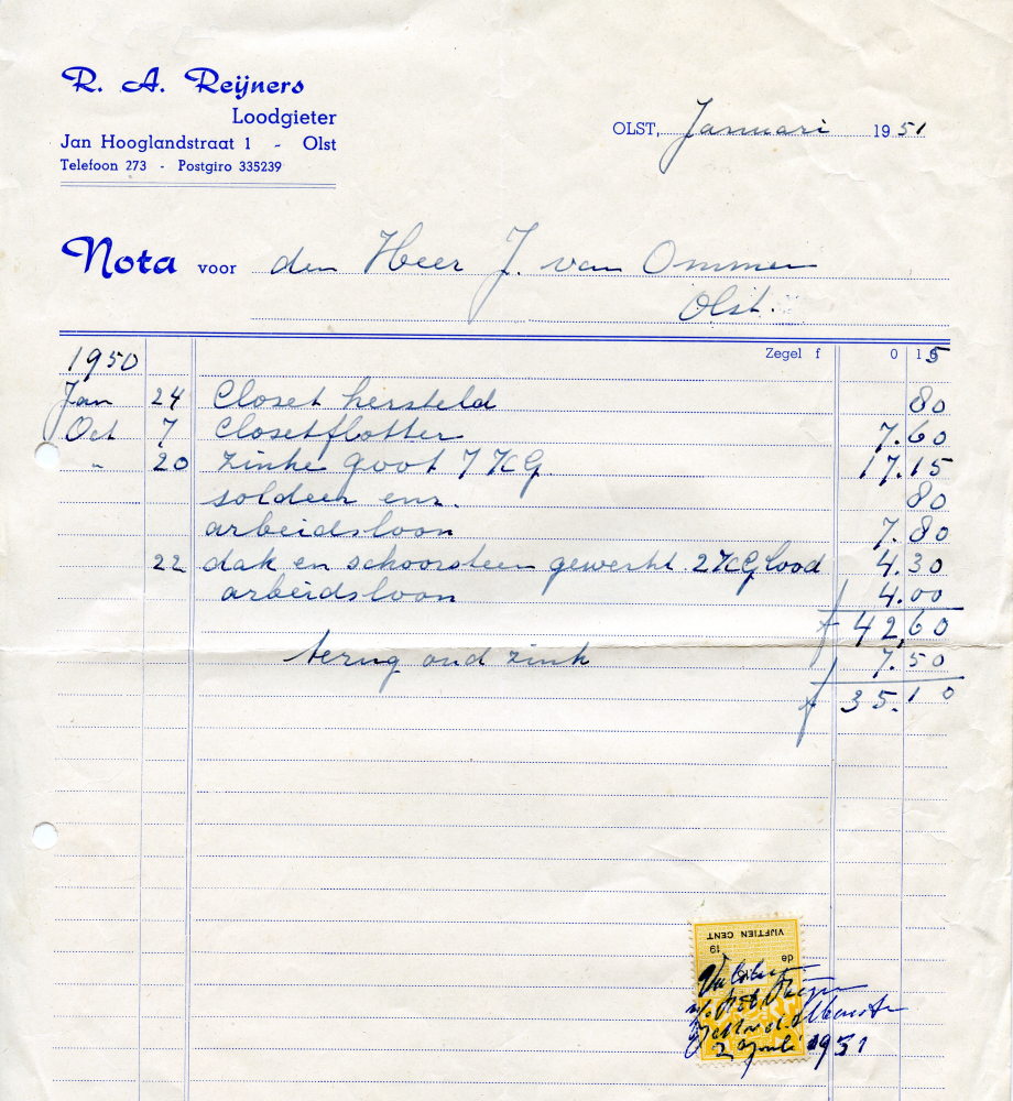 Bekijk detail van "Rekening met briefhoofd Firma R.A. Reijners, 1951 -1952"