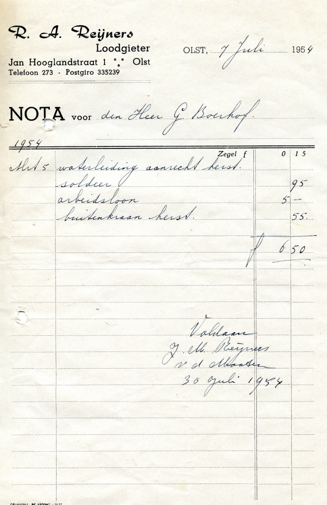 Bekijk detail van "Nota met briefhoofd: R.A. Reijners, Loodgieter, Olst, 1954"