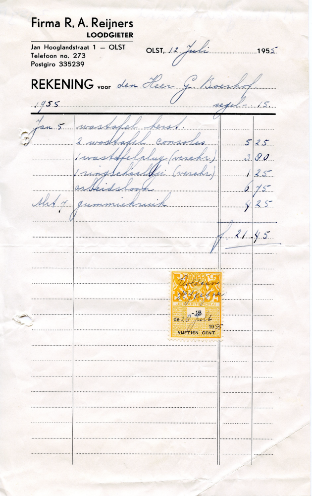 Bekijk detail van "Rekening met briefhoofd: Firma R.A. Reijners, loodgieter - Olst, 1955"
