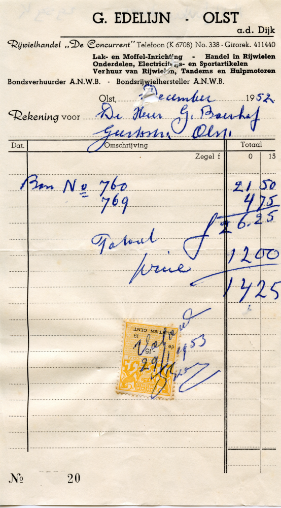 Bekijk detail van "Rekening met briefhoofd G. Edelijn a/d Dijk Olst, 1952"