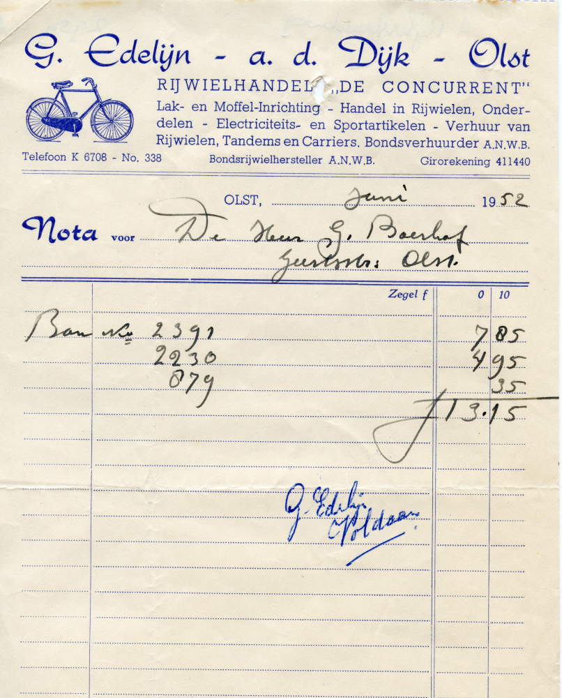 Bekijk detail van "Nota met briefhoofd: G. Edelijn - a.d. Dijk - <span class="highlight">Olst</span>, 1952"