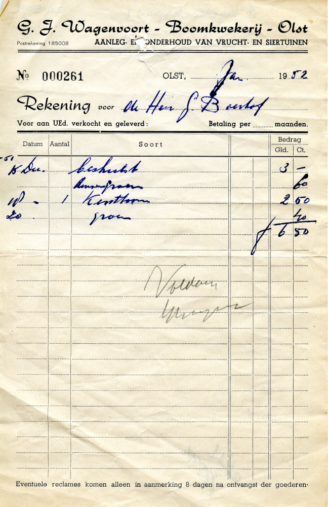 Bekijk detail van "Rekening met briefhoofd G.J. Wagenvoort Boomkwekerij, 1952"