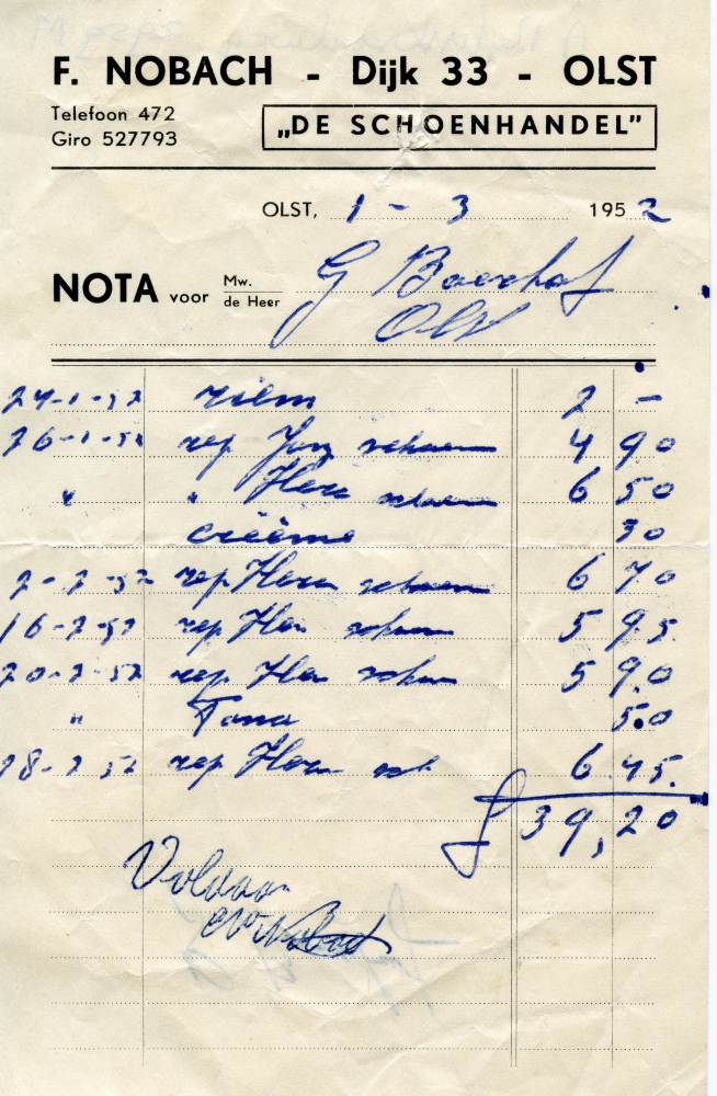 Bekijk detail van "Rekening met briefhoofd F. Nobach Dijk 33 ,1952 - 1954"