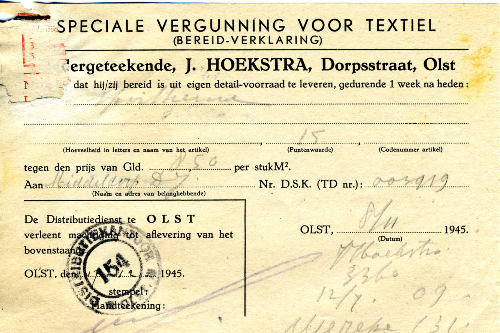 Bekijk detail van "Speciale Vergunning voor Textiel (bereid-verklaring), 1945"