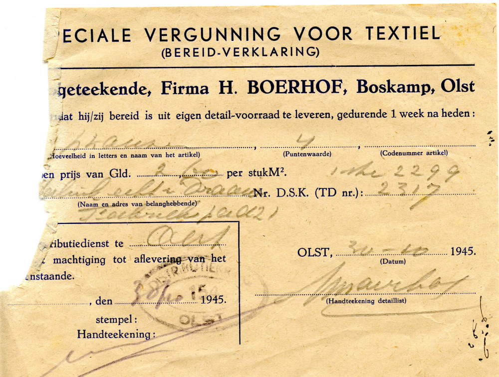 Bekijk detail van "Speciale vergunning voor textiel, 1945"