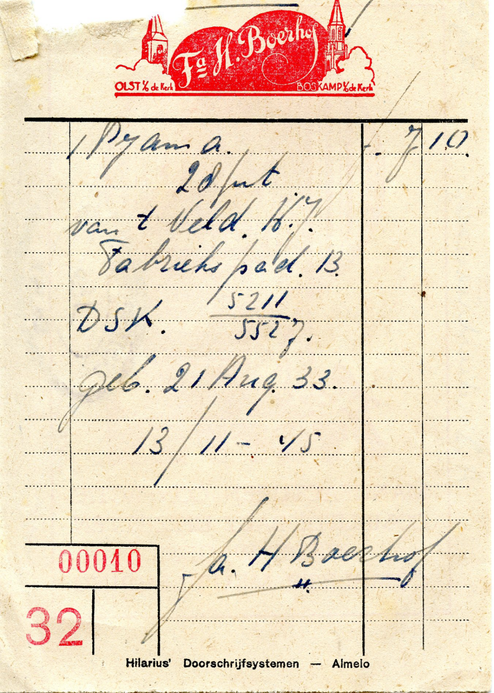 Bekijk detail van "Bereidverklaring Fa. H. Boerhof: 1 pyama f 7.10, 28 pnt, 1945"