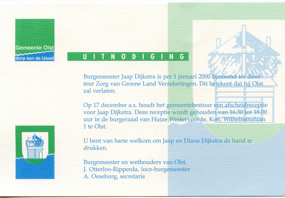 Bekijk detail van "Uitnodiging afscheid burgemeester Jaap Dijkstra, 1999"