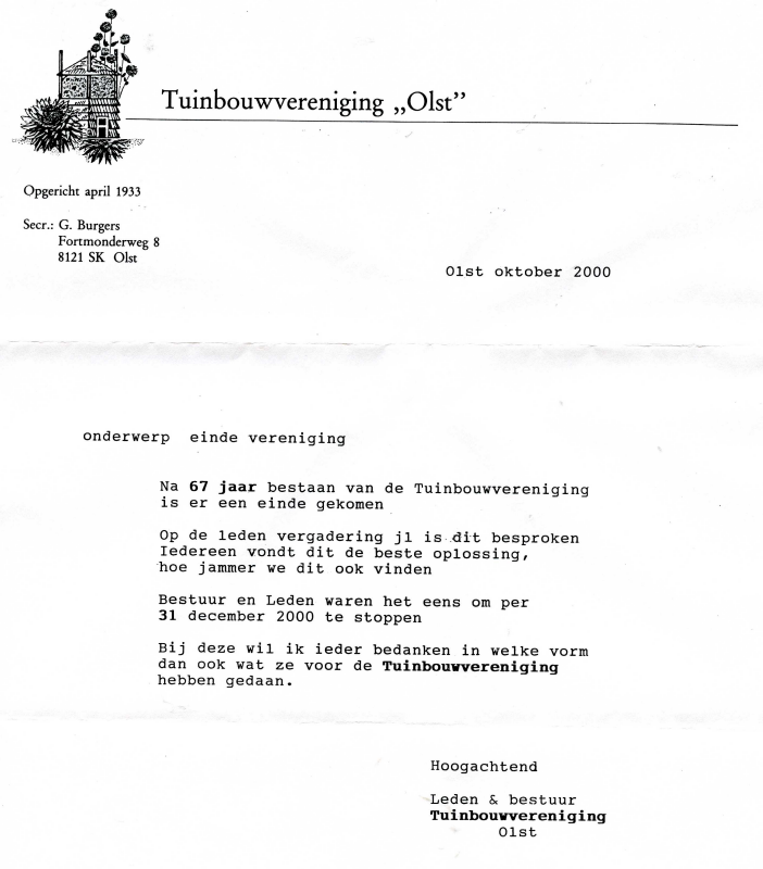 Bekijk detail van "Brief einde Tuinbouwvereniging Olst, 2000"