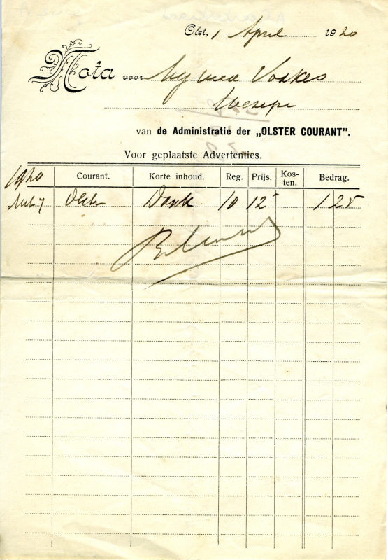 Bekijk detail van "Rekening met briefhoofd Administratie Olster Courant, 1920"