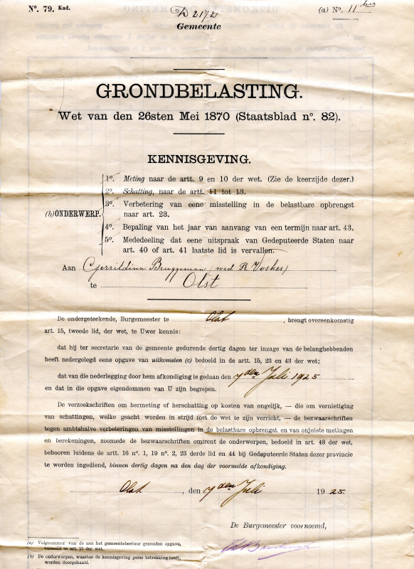 Bekijk detail van "Kennisgeving meting grondbelasting, 1925"