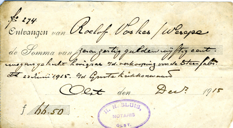 Bekijk detail van "Kwitantie met stempel H.N. Sluis notaris te Olst, 1915"