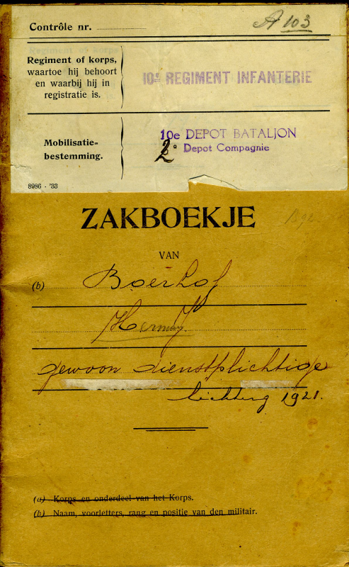 Bekijk detail van "Zakboekje dienstplichtige Herman Boerhof, 1921"