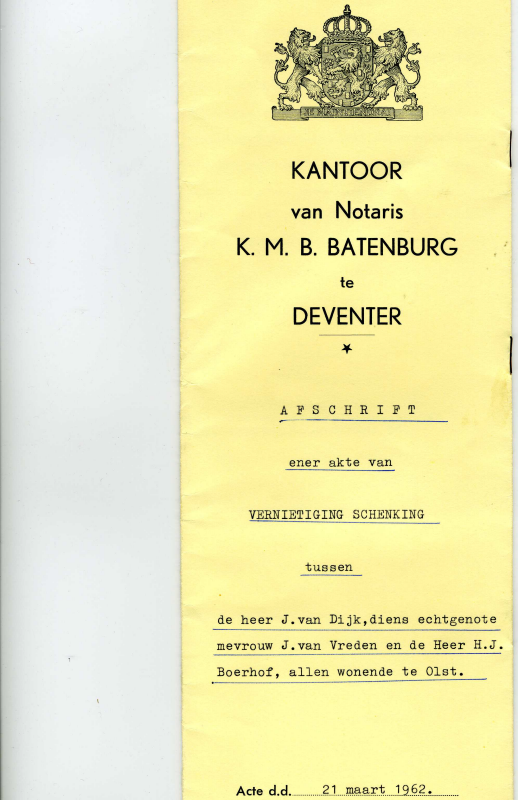 Bekijk detail van "Akte vernietiging schenking tussen J. van Dijk en dhr. H.J. Boerhof, 1962"