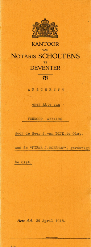 Bekijk detail van "Akte verkoop affaire Dhr. J. van Dijk a/d Fa. J. Boerhof Olst, 1948"